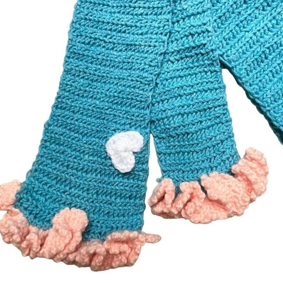 Hand Knit Barbie Core Cute Kawaii Teal Knit Scarf Pink Ruffle Trim White Heart - Picture 5 of 7